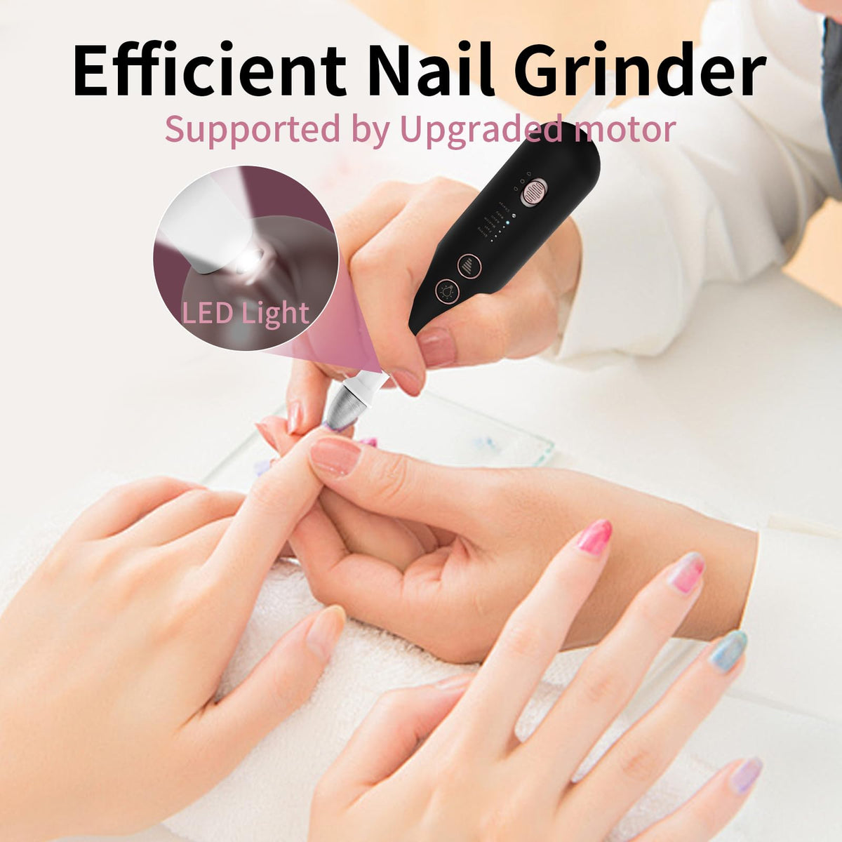 Professional nail drill kit with integrated light illuminating a manicure session