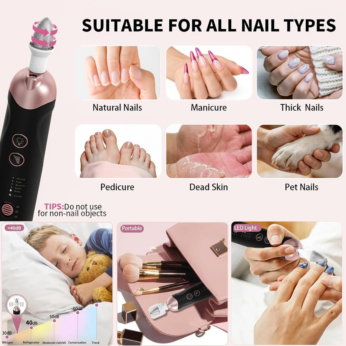Hoxida electric nail file set showing full contents including sanding bands and charging cable