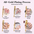 Close up view of the Alety professional nail drill kit sanding bands and gold bits pack