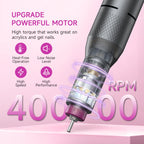 Halmai cordless efile machine kit with six metal drill bits and sanding bands arranged neatly