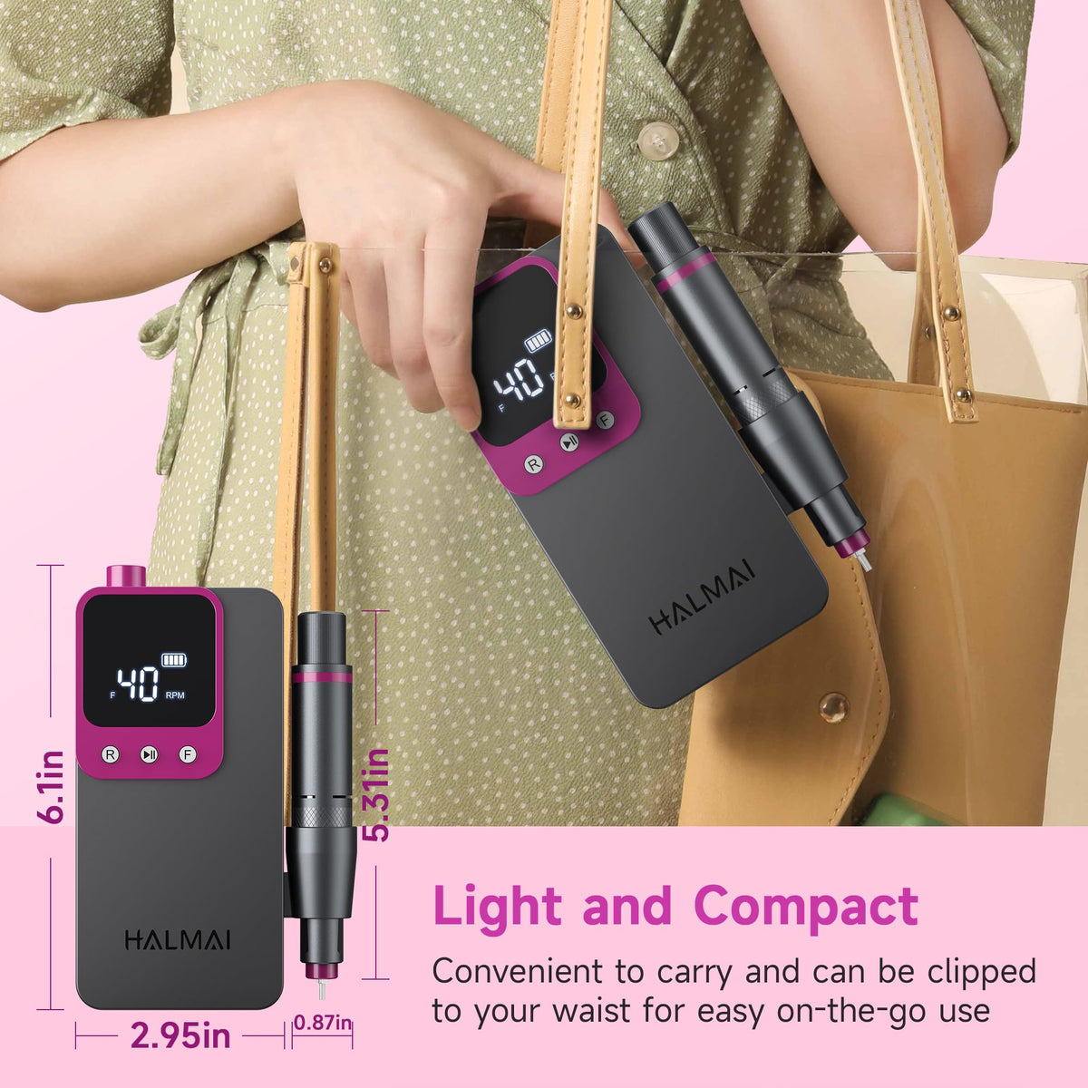 Digital screen closeup on the rechargeable nail drill displaying battery percentage and rotation direction
