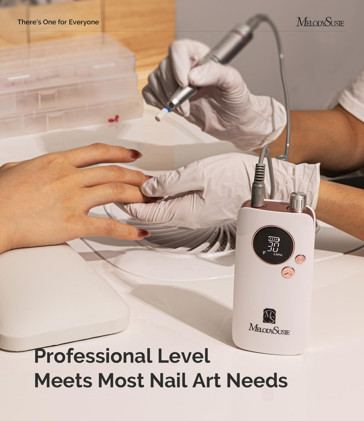 MelodySusie entry-level electric nail file being used for professional acrylic nail shaping and quick gel polish removal