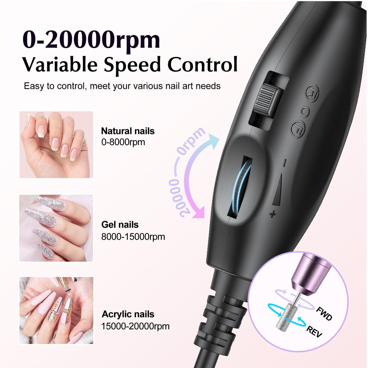 COSLUS electric nail file power connection port and ergonomic pen body alignment view