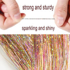 CelineBella glitter hair extension kit with the included crochet hook and silicone link beads spread out.