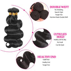 Three pieces of natural black body wave hair extensions in 14, 16, and 18 inches.