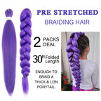 Close up of pre stretched synthetic purple hair texture showcasing the soft yaki finish