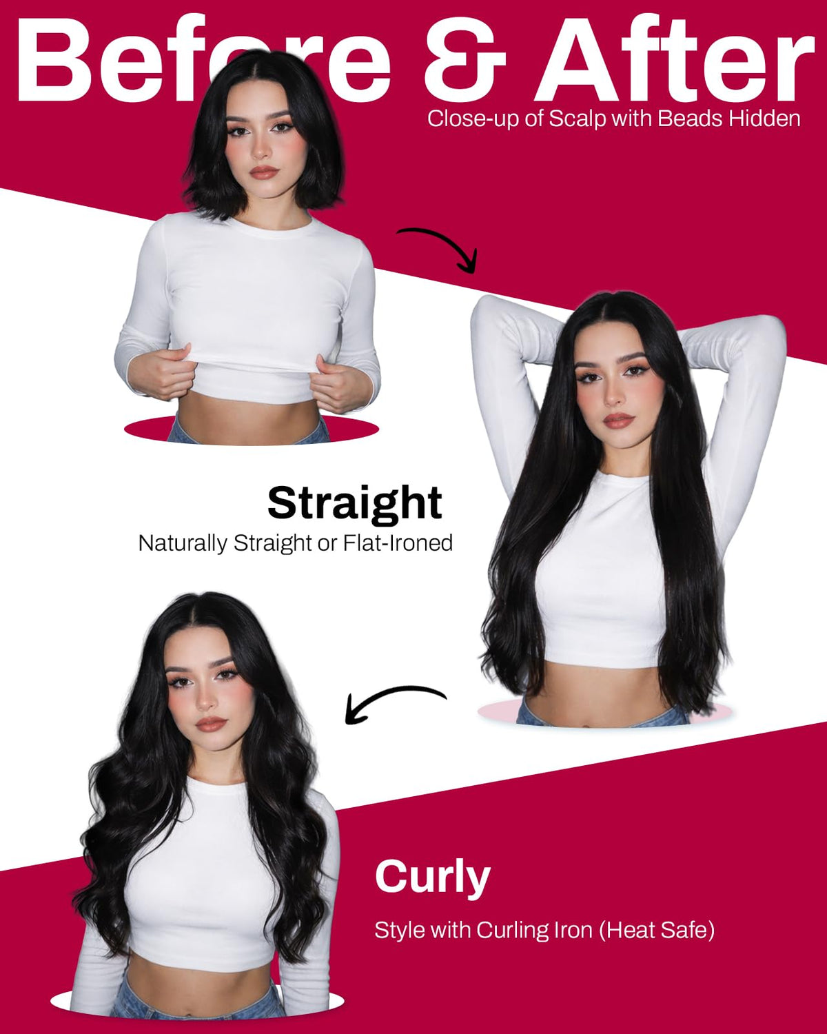 Demonstration of the cold application process for jet black microlink extensions on hair sections