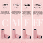 Manicure application detailing smooth cuticle work using MelodySusie fine grit pink sanding band tool
