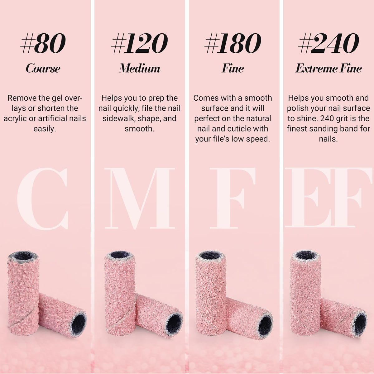 Manicure application detailing smooth cuticle work using MelodySusie fine grit pink sanding band tool