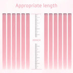 Twelve pieces of light pink synthetic hairpieces laid out individually to show packaging