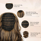 Flufymooz 14-inch short synthetic hairpiece showing the curly layered ends and multi-dimensional highlighted color