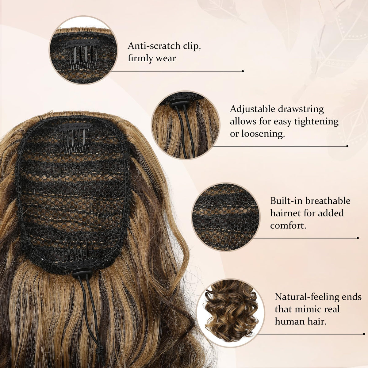 Flufymooz 14-inch short synthetic hairpiece showing the curly layered ends and multi-dimensional highlighted color