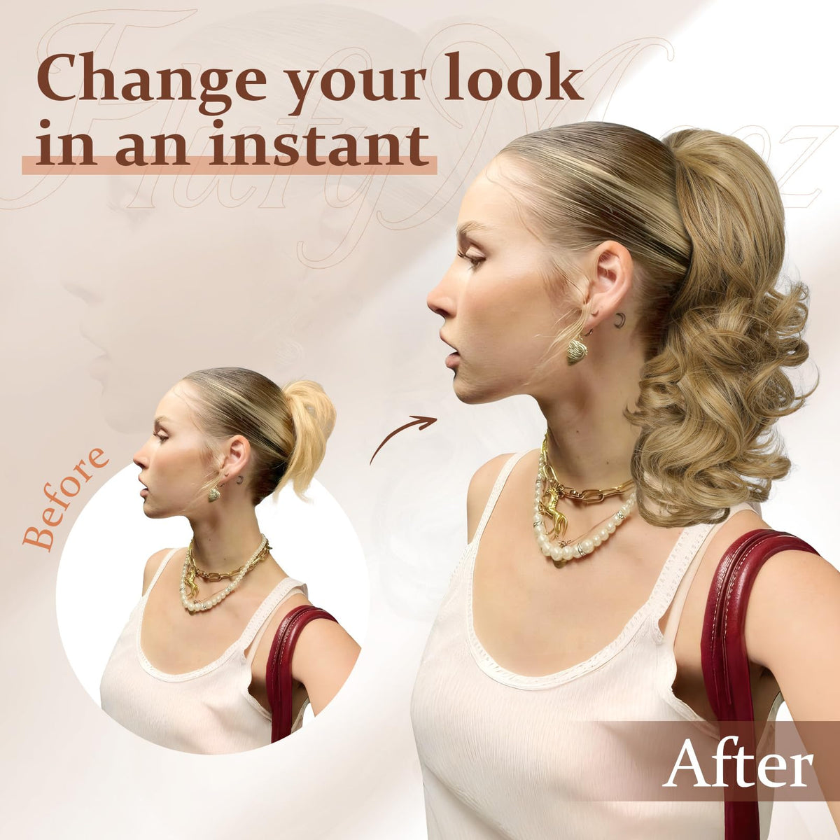 Back view of a woman wearing the Flufymooz 14-inch chocolate brown and medium blonde ponytail hairpiece