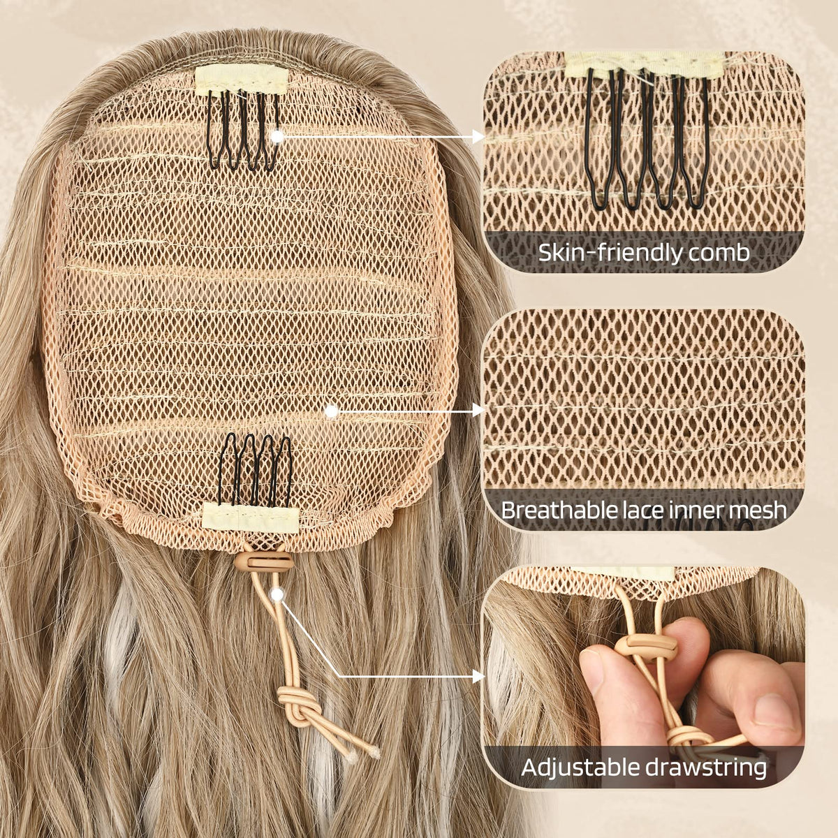 Close up look at the inner mesh net of the Flufymooz ponytail extension with four invisible combs.