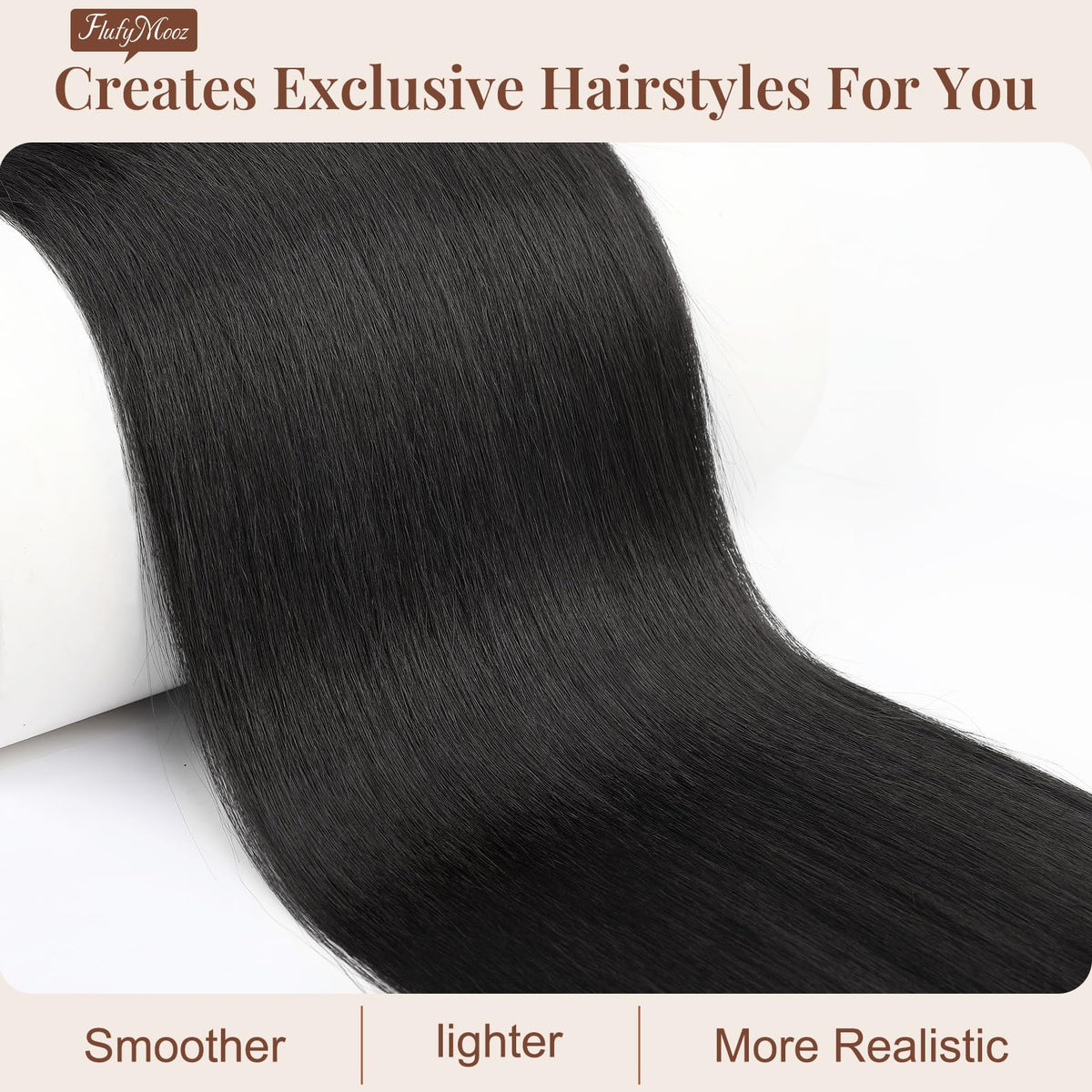 Close up view of the breathable mesh base and dual clips on the Flufymooz synthetic hair extension.