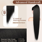 Side profile of a woman wearing the Henan Rebecca manufactured 36 inch straight drawstring hair extension.