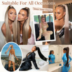 Full length view demonstrating the waist length flow and curved ends of the Flufymooz straight ponytail extension.