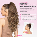 REECHO long curly wavy ponytail extension highlighting the soft cascading texture of the Japanese synthetic fibers.