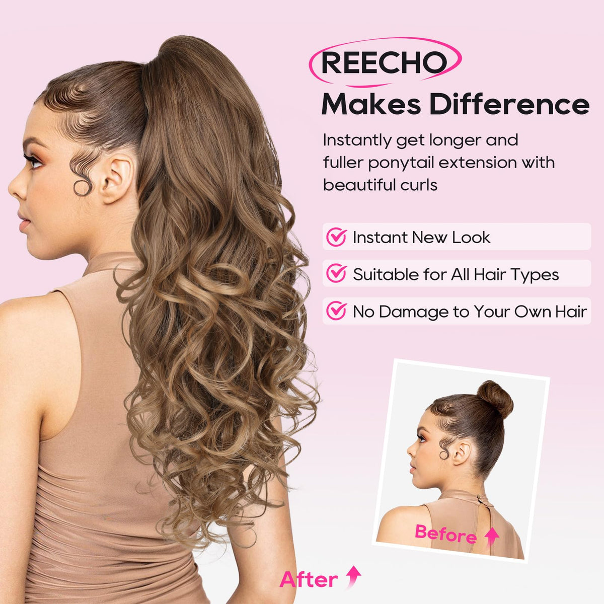 REECHO long curly wavy ponytail extension highlighting the soft cascading texture of the Japanese synthetic fibers.