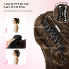 Rear view of 12 inch curly synthetic hair extensions ponytail applied on a high bun