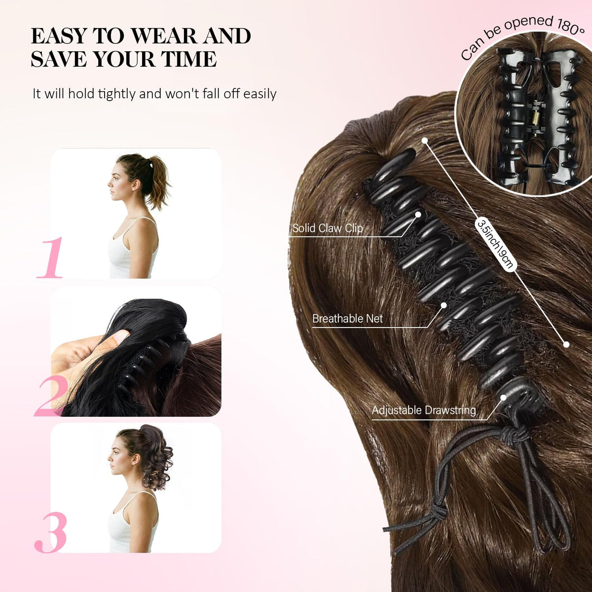 Rear view of 12 inch curly synthetic hair extensions ponytail applied on a high bun