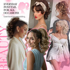 Before and after application of dark brown wavy ponytail hair extension for women