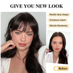 Real human hair wispy bangs with face framing side temple extensions laid flat