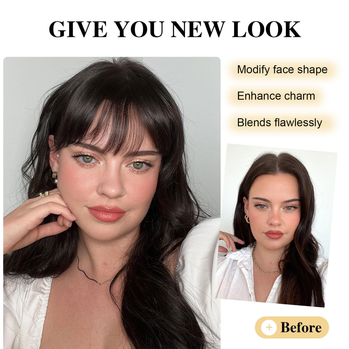 Real human hair wispy bangs with face framing side temple extensions laid flat