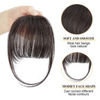 Demonstration of side profile blending of dark brown human hair fringe with natural hair