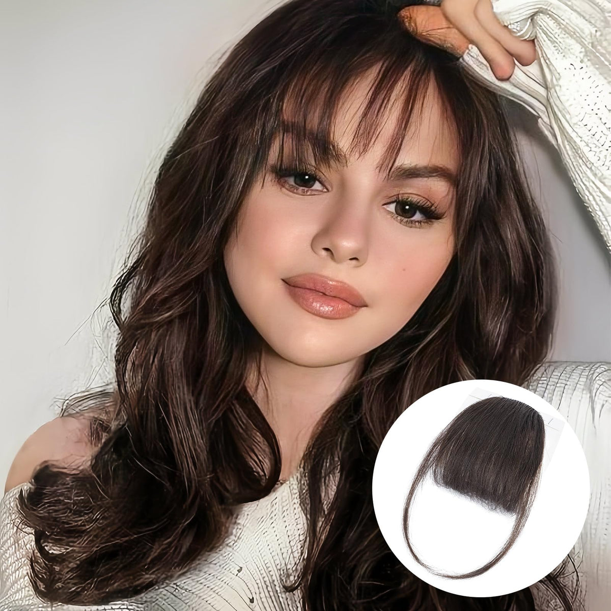 Before and after comparison of women styling dark brown clip on fringe hair extension