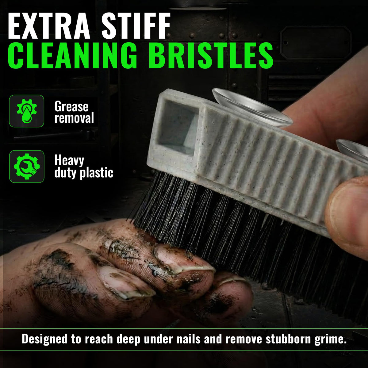 Back view of the Grip Clean hand brush displaying the removable suction cup design mounted on a tile wall