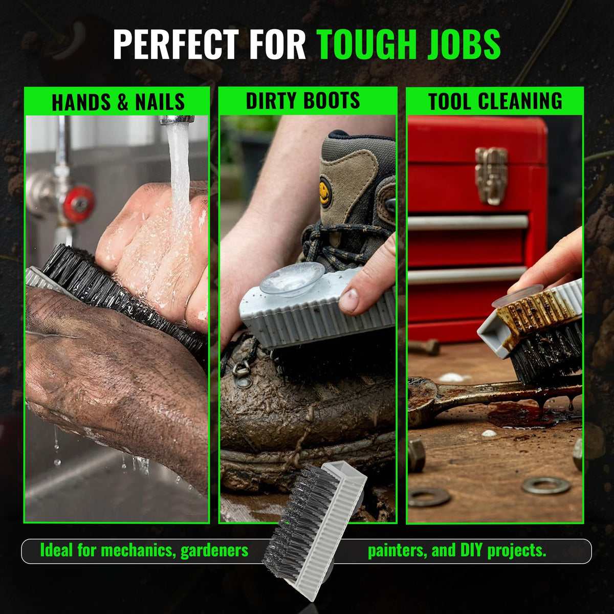 Grip Clean nail brush package contents showing the grey handle and detachable rubber suction cups