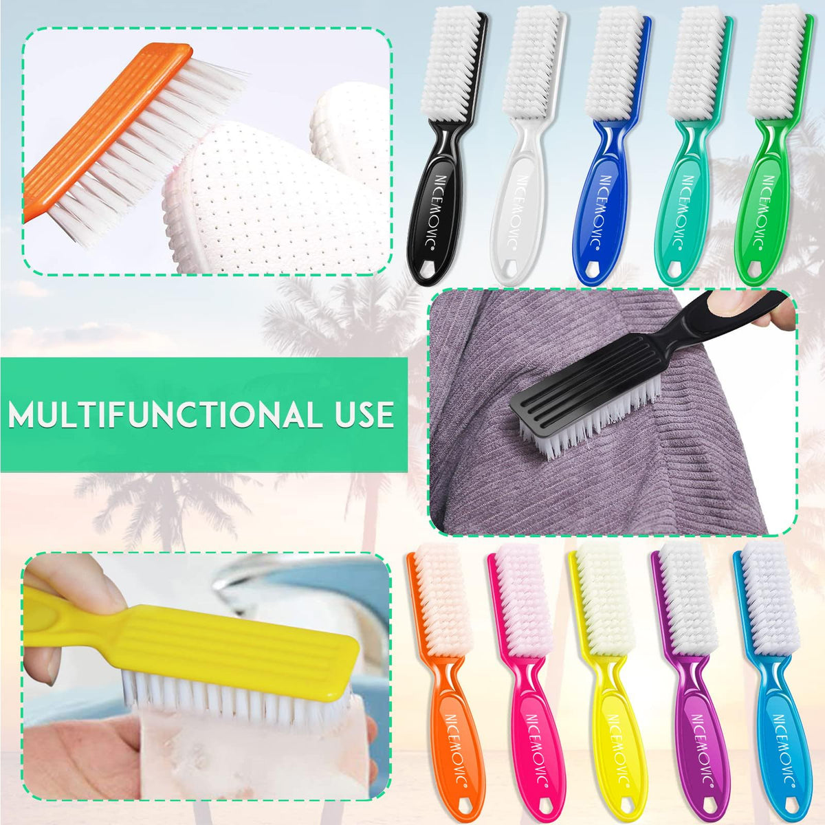 Assorted pink and white household utility nail brushes being used for cleaning surfaces.