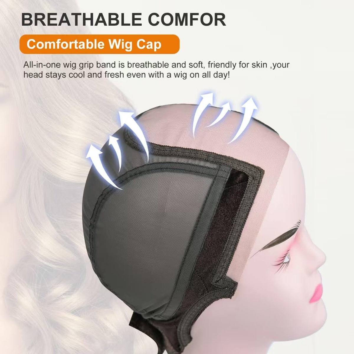 Side profile of CorkHead wig cap showing ear cut-out design
