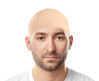 Model wearing Iceyyyy latex bald cap for Halloween transformation