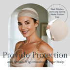 Soft stretch fabric of the female glueless hair accessory being extended to show flexibility