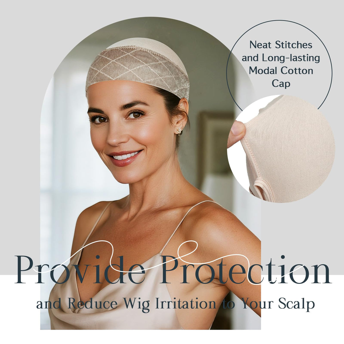 Soft stretch fabric of the female glueless hair accessory being extended to show flexibility