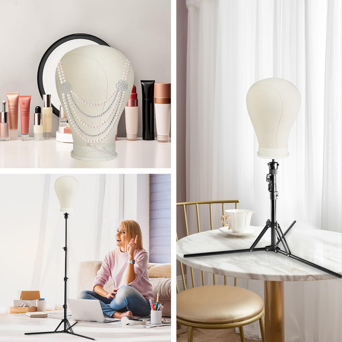 Neverland Beauty white canvas block head mounted on a secure table clamp mechanism.