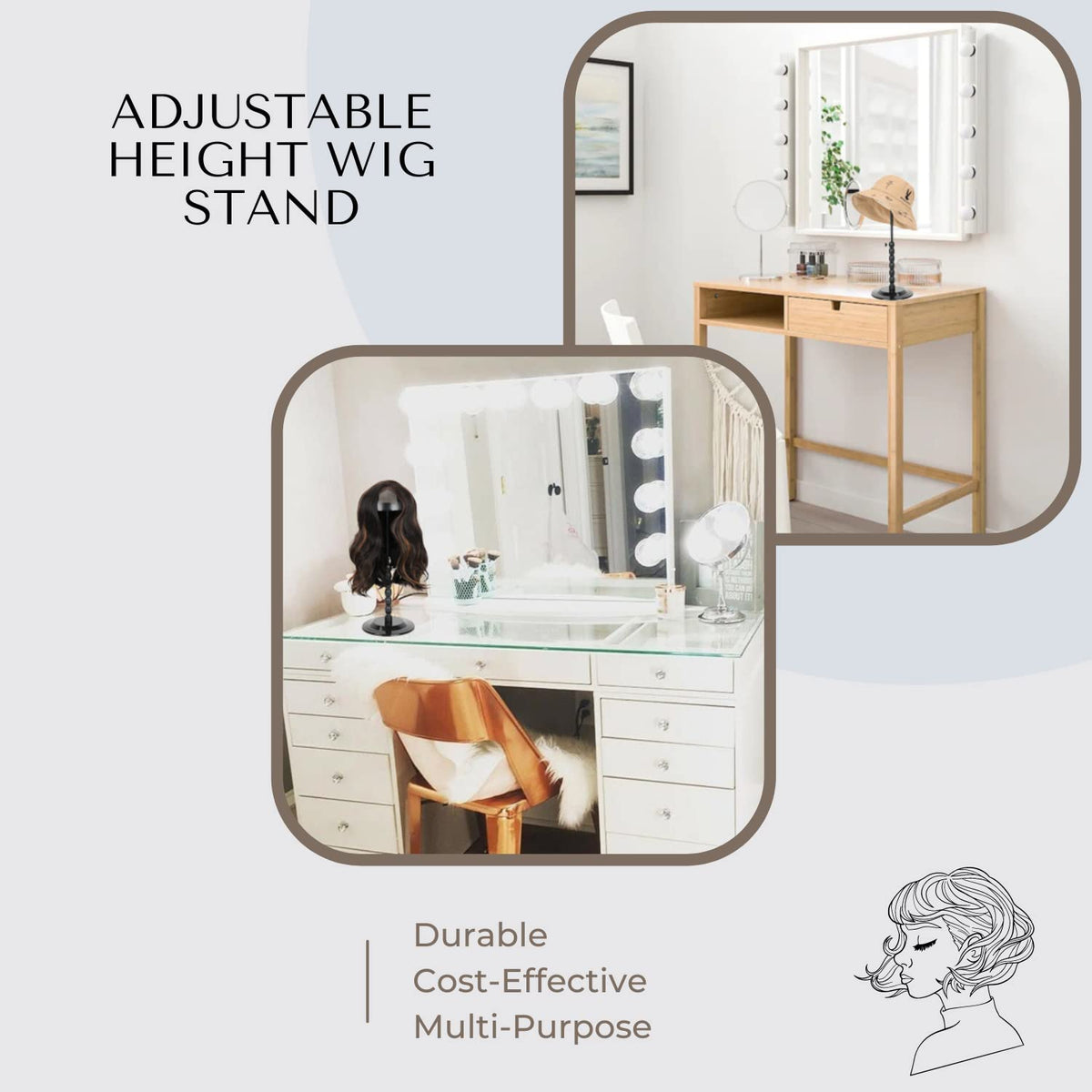 Lightweight non slip short wig stand bundle with accessories.