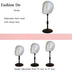 Two pack foam wig holder showing height adjustment from thirteen to seventeen inches