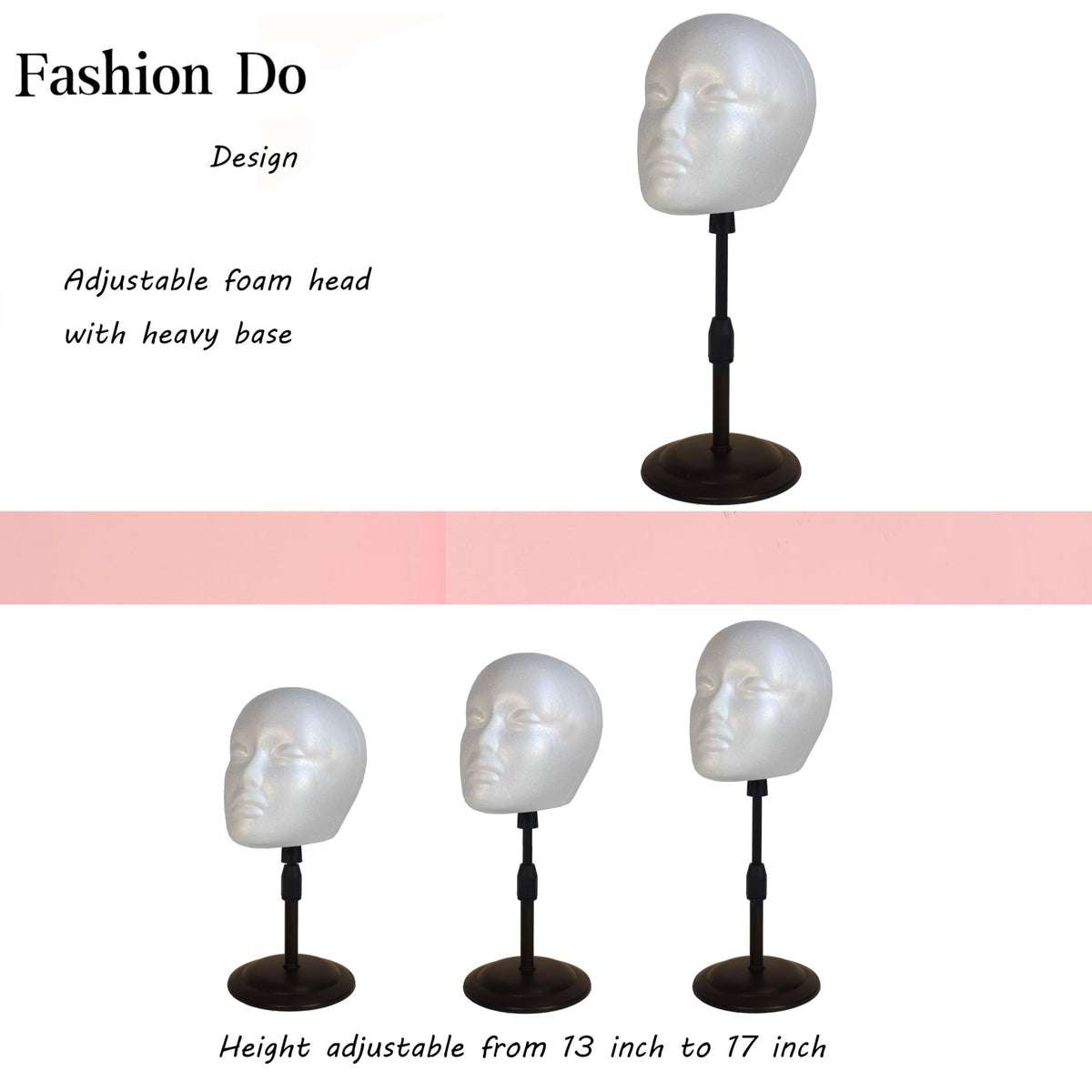 Two pack foam wig holder showing height adjustment from thirteen to seventeen inches