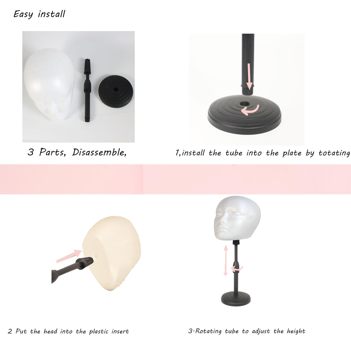 Disassembled three part portable wig mannequin head stand showing easy installation features
