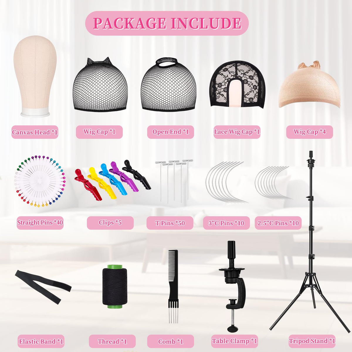 Authentic imported professional wig styling kit with accessories displayed on table