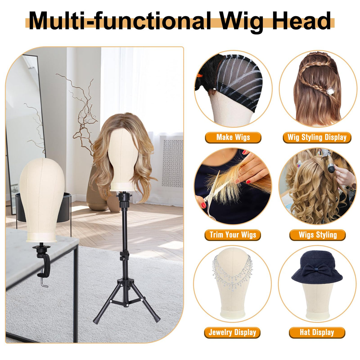 Cosmetology wig station setup with PWEOUKE tripod and head