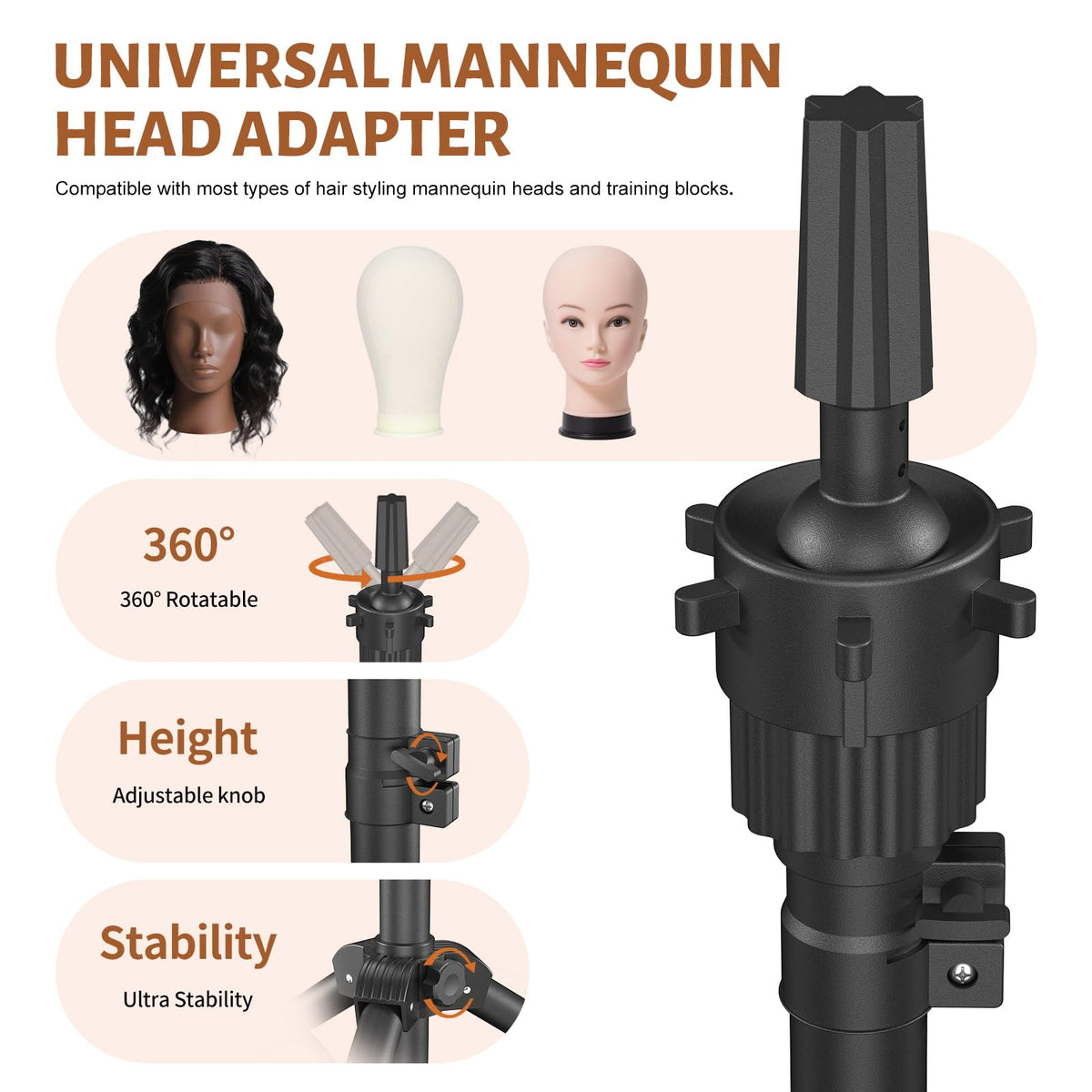 Adjustable metal tripod base for mannequin head styling