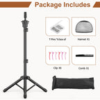 Wig stand tripod components including T-pins and carrying bag