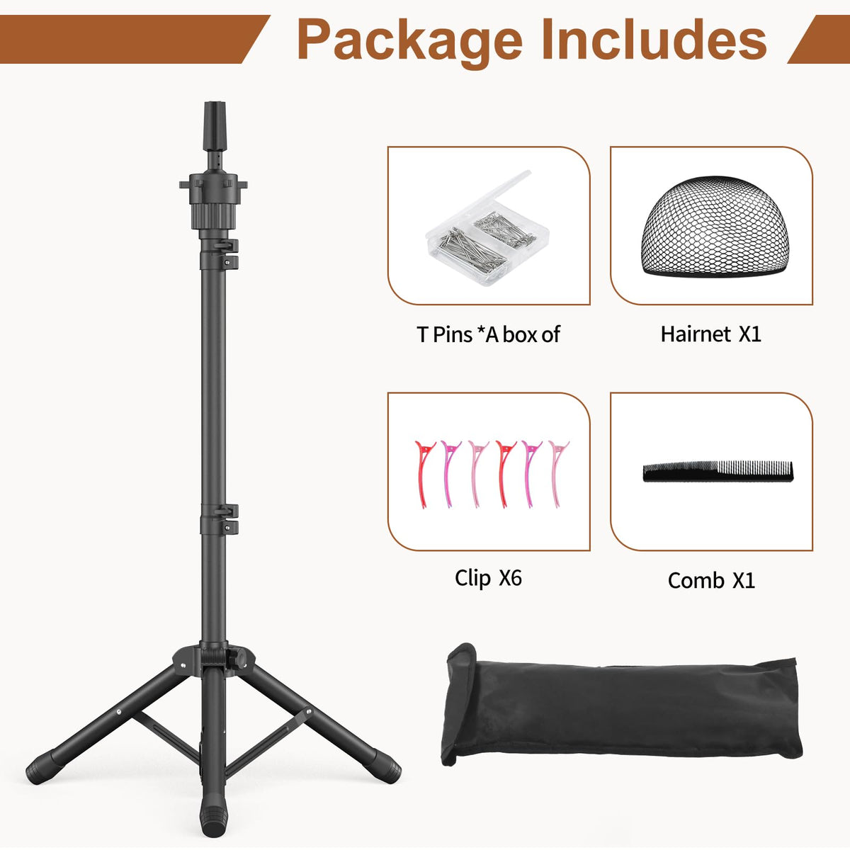Wig stand tripod components including T-pins and carrying bag