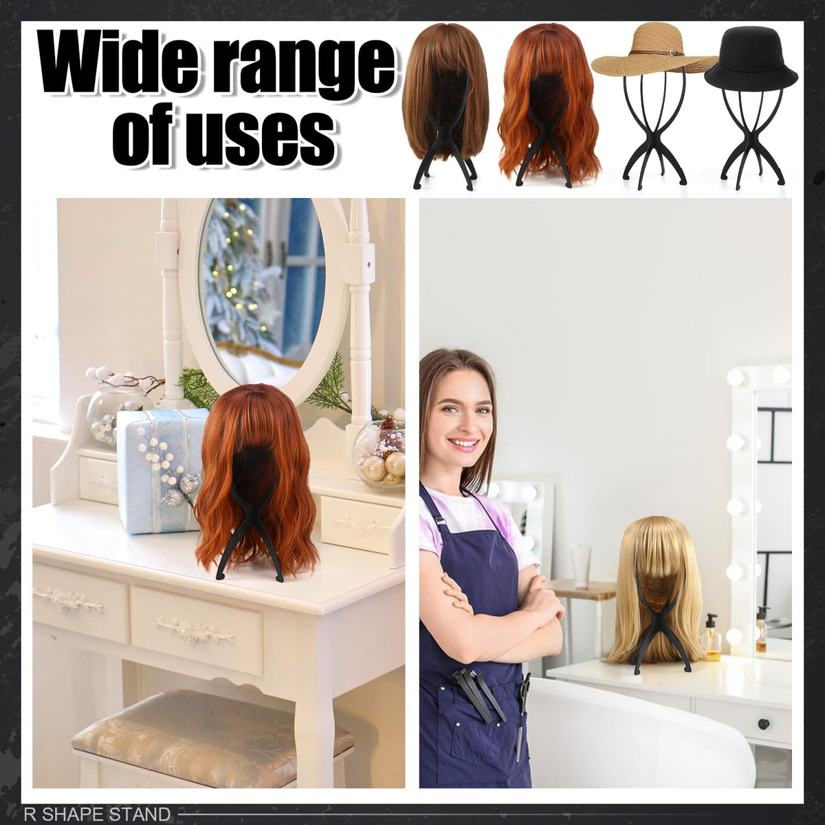 ProSuites wig stand holding a short wig