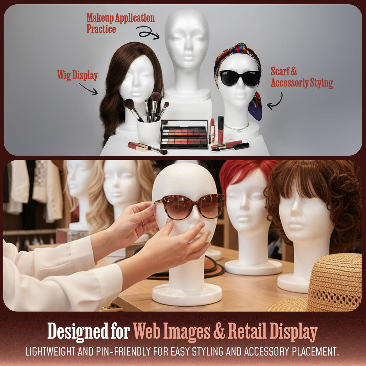Studio Limited lightweight salon manikin head holding a long lace front wig