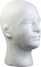 Side profile of white foam male manikin head for hat storage